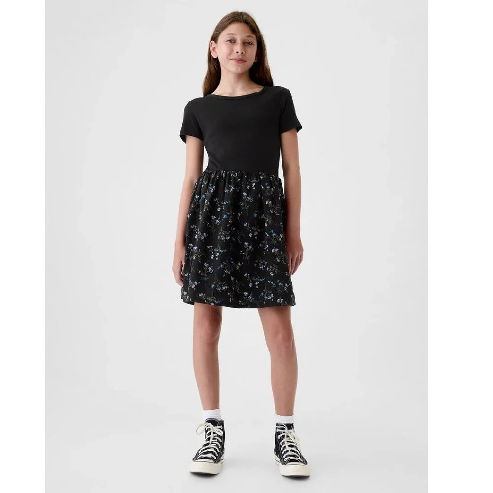 Gap Girls Black Short Sleeve Floral Print Skater Dress M